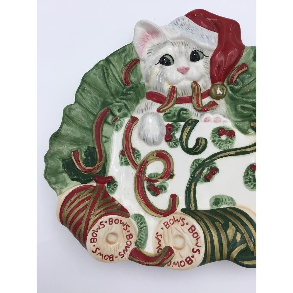 Vintage Fitz and Floyd Ceramic Christmas Plate Set Santa Claus & Holiday Kitten - Picture 10 of 14